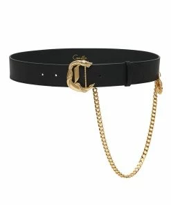 Camilla EBoutique (US) C BUCKLE LEATHER BELT WITH CHAIN SOLID BLACK