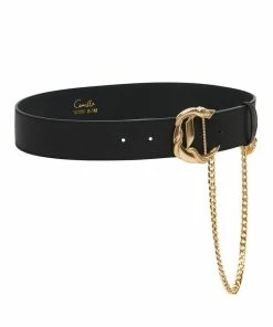 Camilla EBoutique (US) C BUCKLE LEATHER BELT WITH CHAIN SOLID BLACK