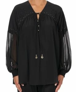Camilla EBoutique (US) BLOUSON BLOUSE WITH NECK TIE SOLID BLACK Sale Clothing