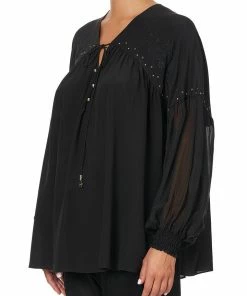 Camilla EBoutique (US) BLOUSON BLOUSE WITH NECK TIE SOLID BLACK Sale Clothing