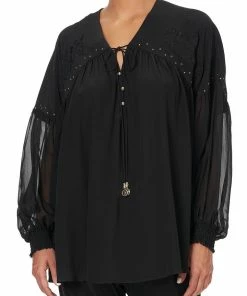 Camilla EBoutique (US) BLOUSON BLOUSE WITH NECK TIE SOLID BLACK Sale Clothing