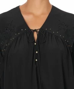 Camilla EBoutique (US) BLOUSON BLOUSE WITH NECK TIE SOLID BLACK Sale Clothing
