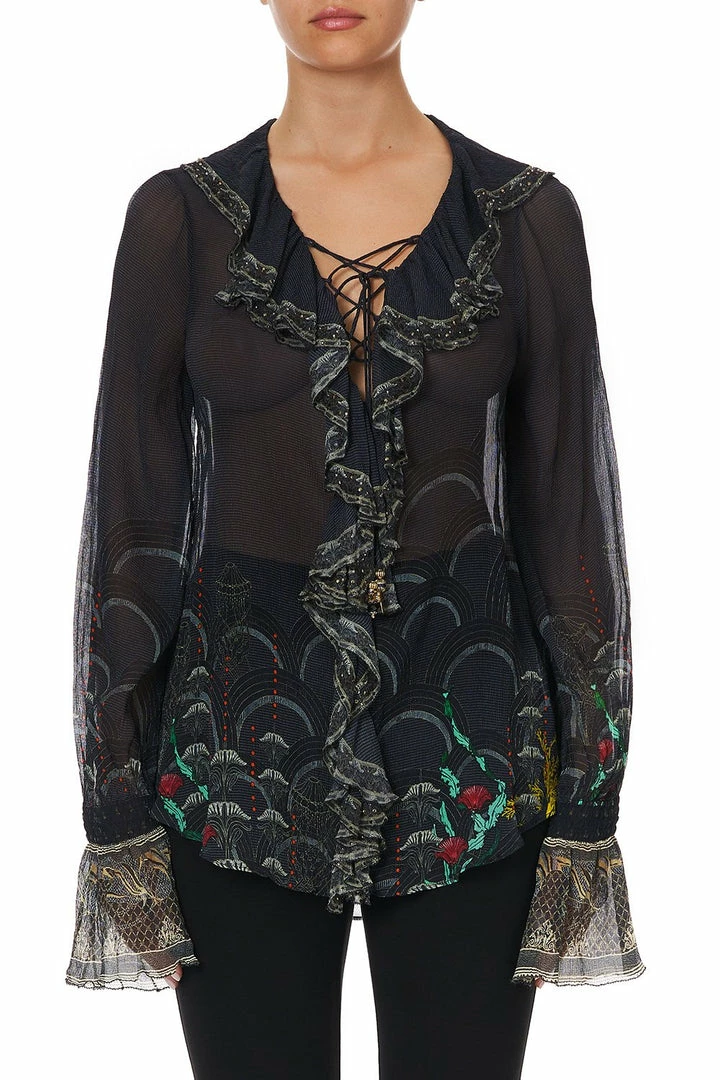 Camilla EBoutique (US) Up To 50% Off LACE UP RUFFLE BLOUSE WISE WINGS