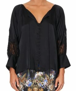 Camilla EBoutique (US) Up To 30% Off RAGLAN SLEEVE BUTTON UP TOP SOLID BLACK