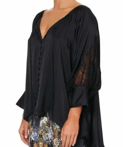 Camilla EBoutique (US) Up To 30% Off RAGLAN SLEEVE BUTTON UP TOP SOLID BLACK