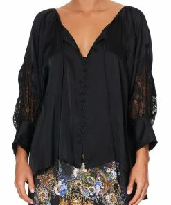 Camilla EBoutique (US) Up To 30% Off RAGLAN SLEEVE BUTTON UP TOP SOLID BLACK